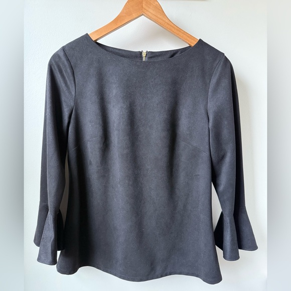 Sail to Sable Tops - SAIL TO SABLE Faux Suede Bell Sleeve Ruffle Top Black Whimsigoth Feminine‎ S